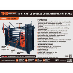 10' Squeeze Cattle Work Chute 4500-lb Weight Scale, Side Exit, Side Squeeze, Upper/Lower Swing Openings, LCD Weight Display, TMG-CSC11
