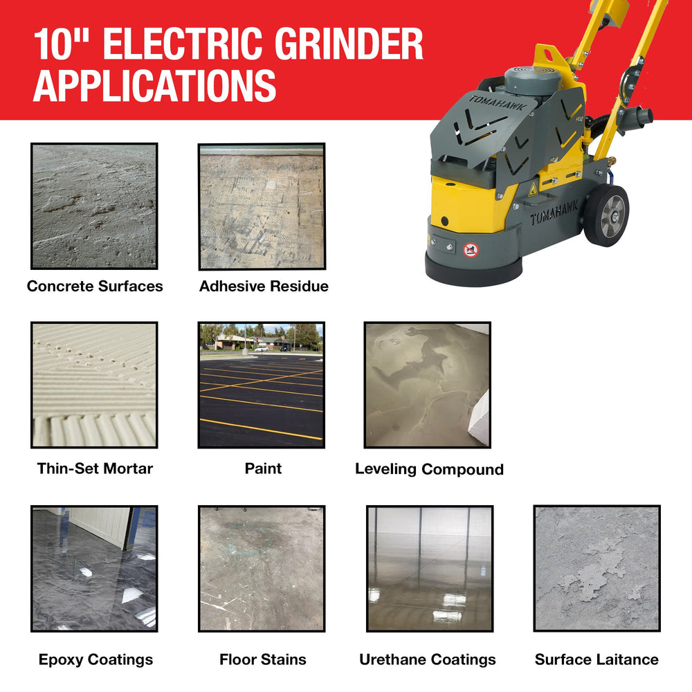 Tomahawk 10" Electric Concrete Floor Grinder 1.5HP Motor for Smoothing, Floor Prep, Coatings - Machine Horizon