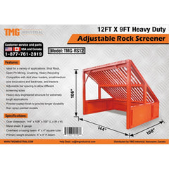 12' Heavy Duty Static Grizzly Rock Screen, Adjustable Bolt-On Deck Bars, 4" x 4" I-Beams, 5000 lb Load Capacity, TMG-RS12