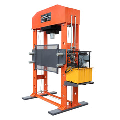 150 Ton Capacity Electric Hydraulic Shop Press, Heavy Duty Pressing, Protective Grid Guard, Fully Welded H-Frame, TMG-SP150