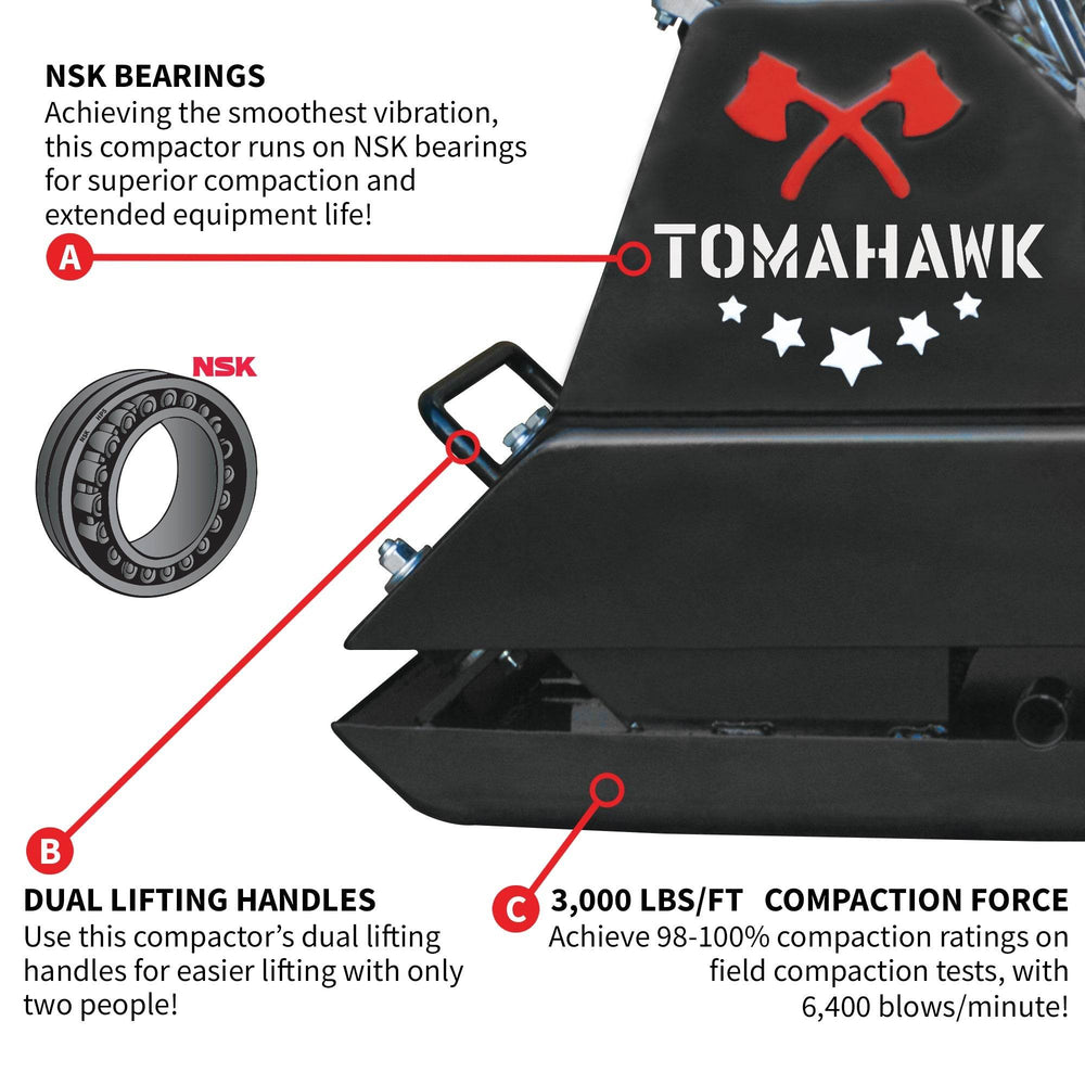 Tomahawk 5.5 HP Honda Vibratory Plate Compactor Tamper for Ground, Gravel, Dirt, Asphalt, Compaction - Machine Horizon