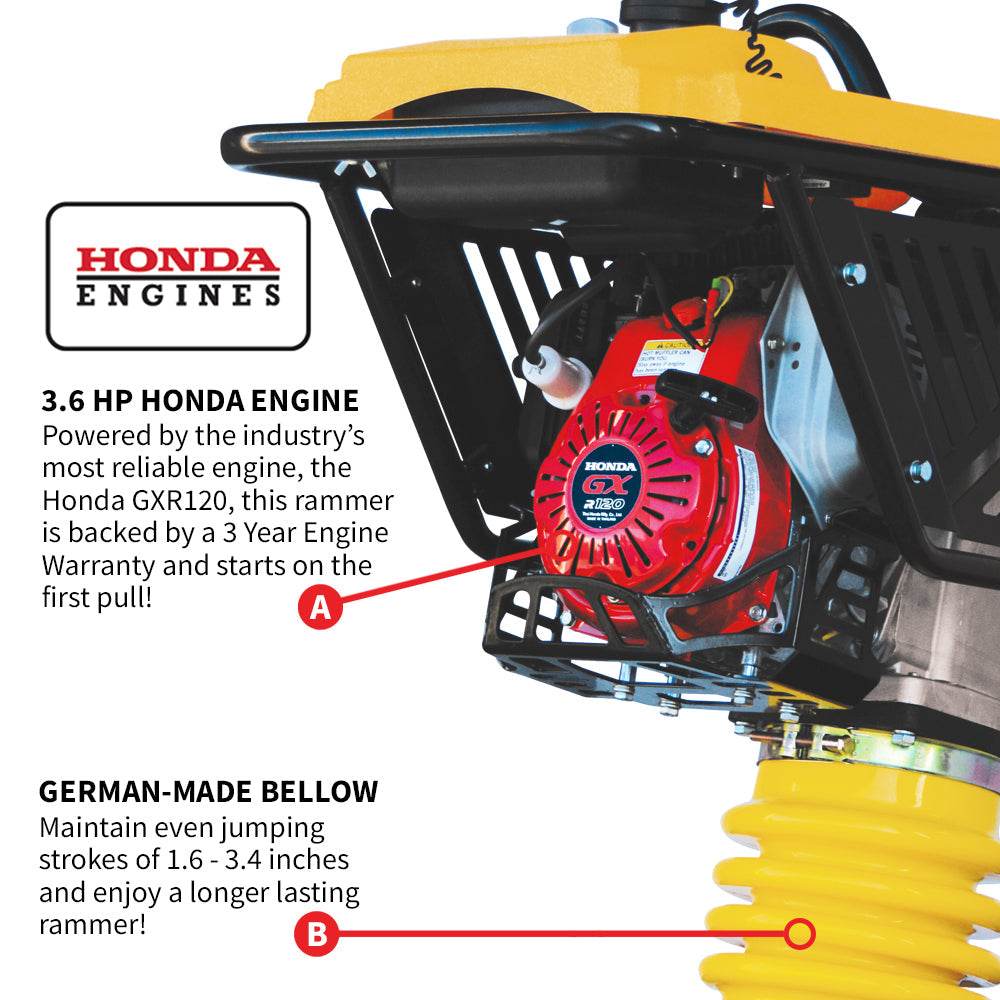 Tomahawk 3.6HP Honda Vibratory Rammer Jumping Jack Tamper with Honda GXR120 Engine Impact Force 3,550 lbs/ft - Machine Horizon Tomahawk 3.6HP Honda Vibratory Rammer Jumping Jack Tamper with Honda GXR120 Engine Impact Force 3,550 lbs/ft - Machine Horizon
