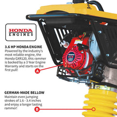 Tomahawk 3.6HP Honda Vibratory Rammer Jumping Jack Tamper with Honda GXR120 Engine Impact Force 3,550 lbs/ft - Machine Horizon