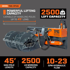 2500-lb Skid Steer Pole Setter, 45' Pole Capacity, 0°-100° Claw Rotation, Jaw Claw Opening 4" to 20", TMG-SPS46