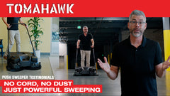 Tomahawk 30" Battery Powered Push Sweeper with Triple Power Brooms Electric Drive and Dust Suppression Sprayer - Machine Horizon