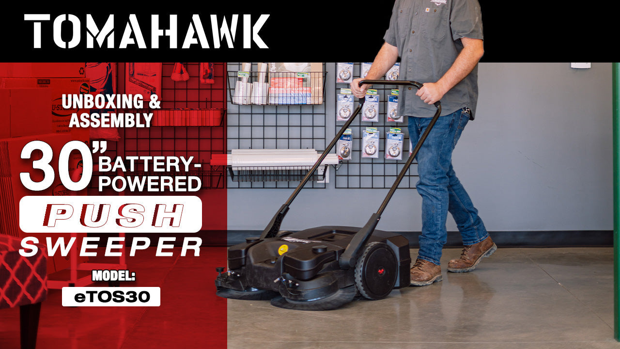 Tomahawk 30" Battery Powered Push Sweeper with Triple Power Brooms Electric Drive and Dust Suppression Sprayer - Machine Horizon Tomahawk 30" Battery Powered Push Sweeper with Triple Power Brooms Electric Drive and Dust Suppression Sprayer - Machine Horizon