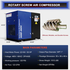 123CFM Rotary Screw Air Compressor, 30HP, 125PSI, 460V 3PHASE 60HZ
