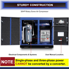 123CFM Rotary Screw Air Compressor, 30HP, 125PSI, 460V 3PHASE 60HZ