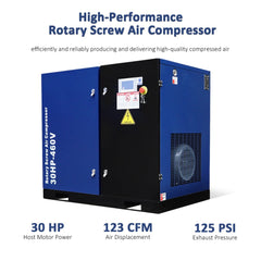 123CFM Rotary Screw Air Compressor, 30HP, 125PSI, 460V 3PHASE 60HZ