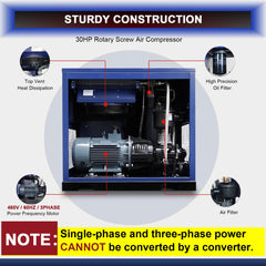 123CFM Rotary Screw Air Compressor, 30HP, 125PSI, 460V 3PHASE 60HZ