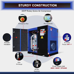 123CFM Rotary Screw Air Compressor, 30HP, 125PSI, 460V 3PHASE 60HZ