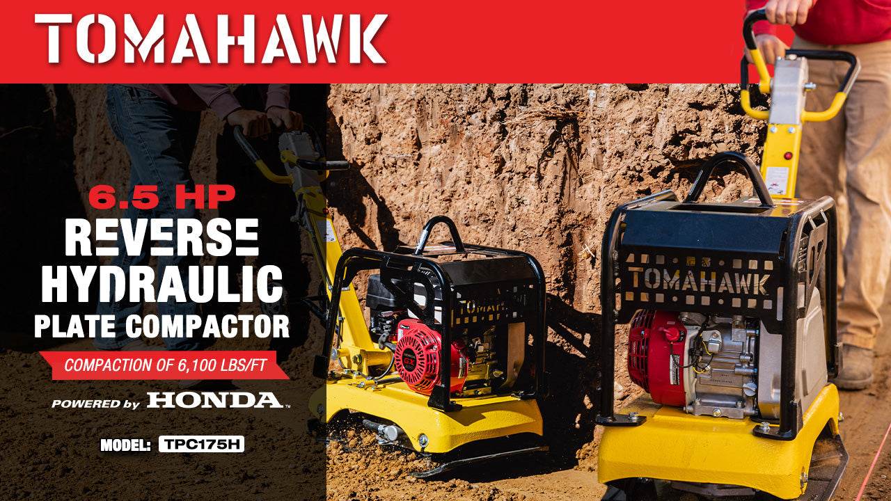 Tomahawk 6.5 HP Honda Reverse Hydraulic Plate Compactor for Soil, Aggregate, Cohesive Compaction - Machine Horizon Tomahawk 6.5 HP Honda Reverse Hydraulic Plate Compactor for Soil, Aggregate, Cohesive Compaction - Machine Horizon
