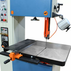 Bandsaw machine with blue and orange accents on a white background