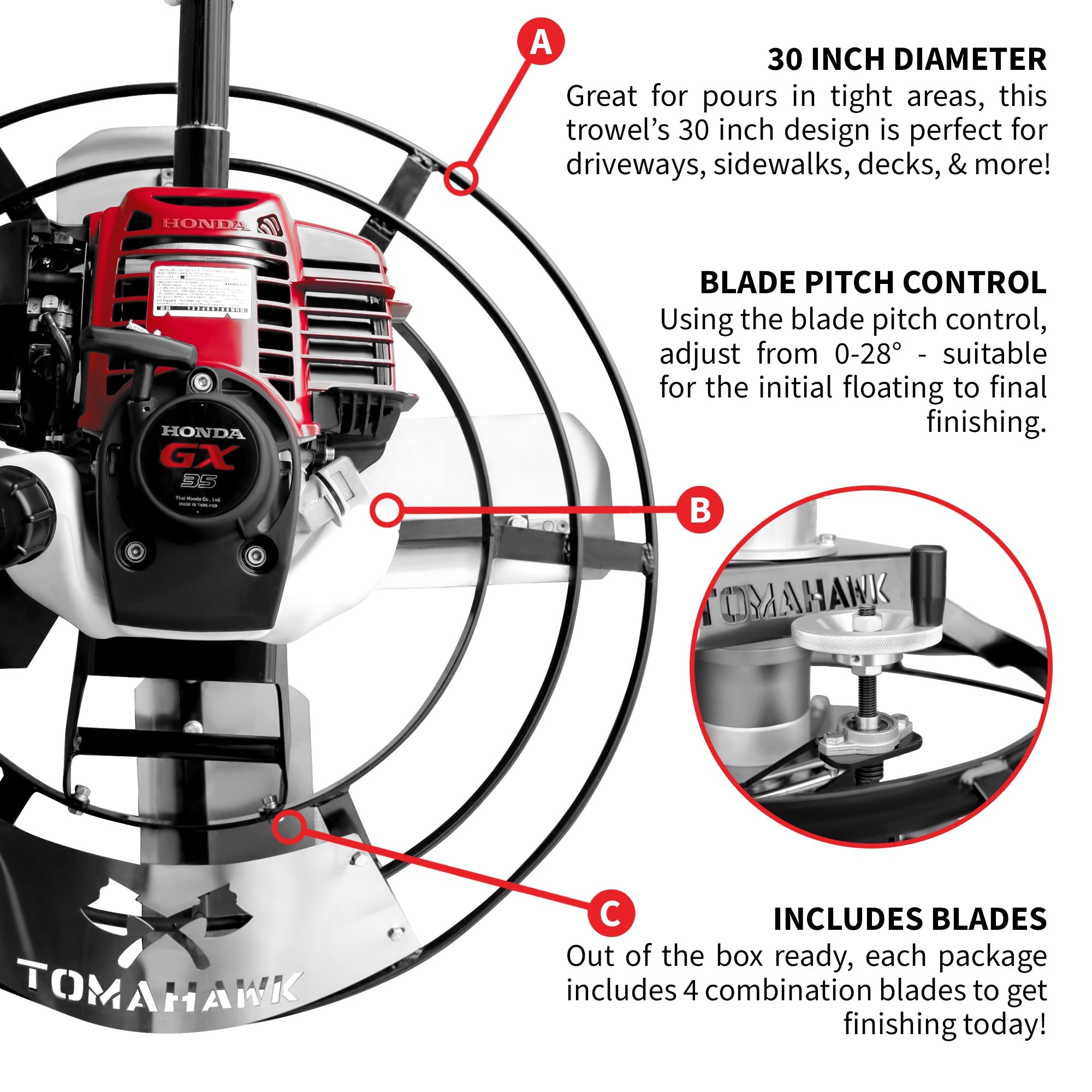 Tomahawk 30" Portable Honda Concrete Power Trowel with 18ft Bull Float Handle GX35 - Machine Horizon Tomahawk 30" Portable Honda Concrete Power Trowel with 18ft Bull Float Handle GX35 - Machine Horizon