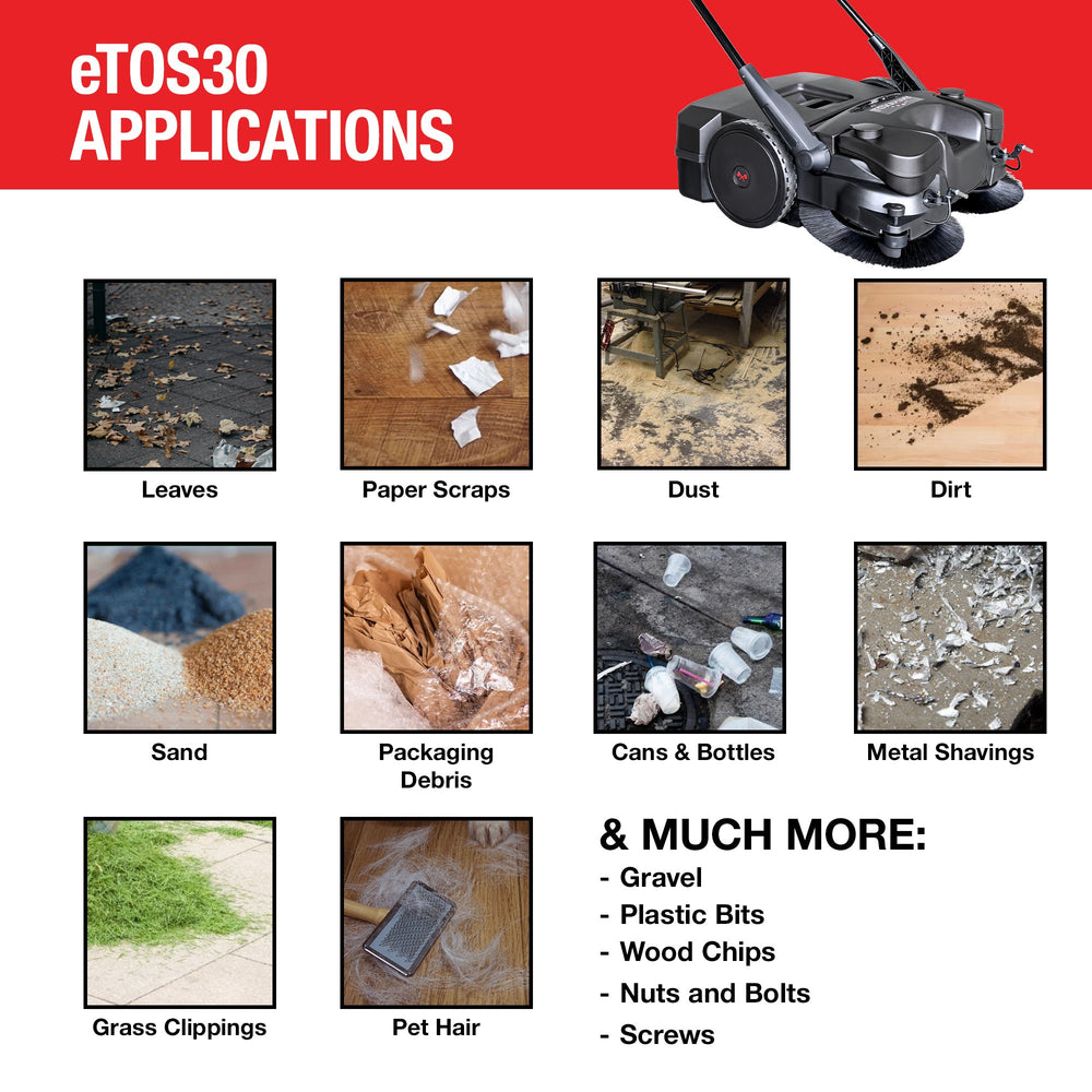 Tomahawk 30" Battery Powered Push Sweeper with Triple Power Brooms Electric Drive and Dust Suppression Sprayer - Machine Horizon