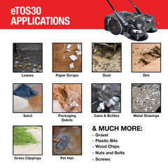 Tomahawk 30" Battery Powered Push Sweeper with Triple Power Brooms Electric Drive and Dust Suppression Sprayer - Machine Horizon