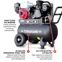 Tomahawk 20 Gallon Portable Air Compressor 6.5HP Honda GX200 Engine Horizontal Tank 13.5 CFM @ 90 PSI Gas-Powered