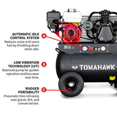 Tomahawk 20 Gallon Portable Air Compressor 6.5HP Honda GX200 Engine Horizontal Tank 13.5 CFM @ 90 PSI Gas-Powered