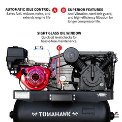 Tomahawk 30 Gallon Air Compressor 13HP Honda GX390 Engine Horizontal Tank 24.4 CFM @ 90 PSI Gas-Powered