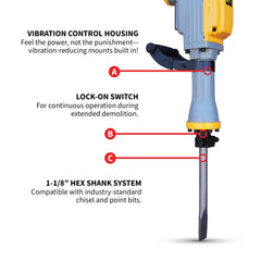 Tomahawk Electric Demolition Jack Hammer 35 lb 1500W 1-1/8" Hex Breaker for Concrete Asphalt Tile Removal Heavy Duty Jackhammer - Machine Horizon