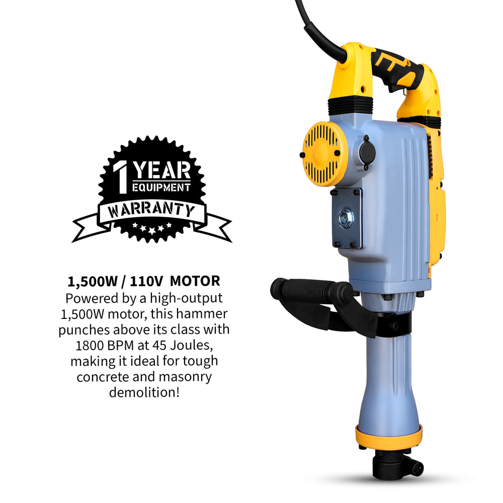 Tomahawk Electric Demolition Jack Hammer 35 lb 1500W 1-1/8" Hex Breaker for Concrete Asphalt Tile Removal Heavy Duty Jackhammer - Machine Horizon