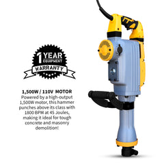 Tomahawk Electric Demolition Jack Hammer 35 lb 1500W 1-1/8" Hex Breaker for Concrete Asphalt Tile Removal Heavy Duty Jackhammer - Machine Horizon