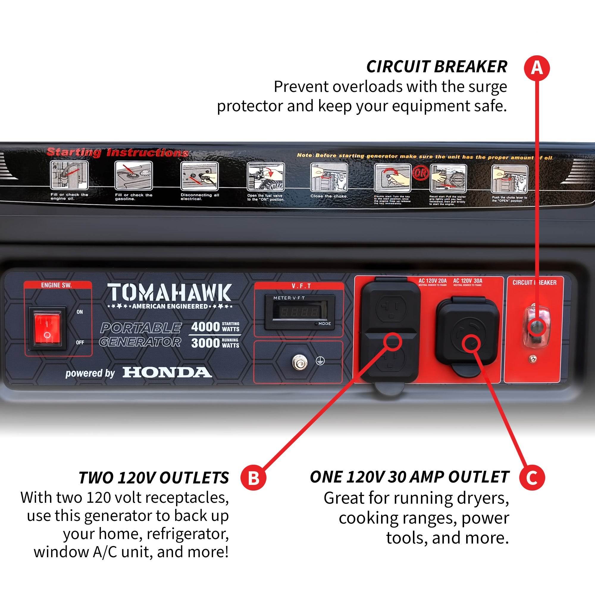 Tomahawk 4000 Watt Honda Powered Generator Portable Gas Power Professional Use - Machine Horizon Tomahawk 4000 Watt Honda Powered Generator Portable Gas Power Professional Use - Machine Horizon
