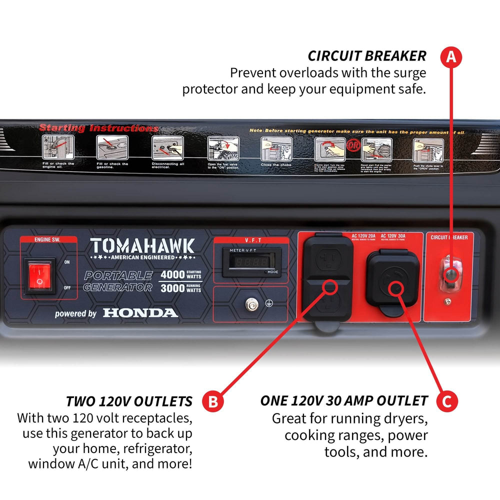 Tomahawk 4000 Watt Honda Powered Generator Portable Gas Power Professional Use - Machine Horizon