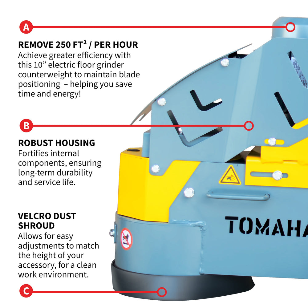 Tomahawk 10" Electric Concrete Floor Grinder 1.5HP Motor for Smoothing, Floor Prep, Coatings - Machine Horizon