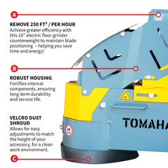Tomahawk 10" Electric Concrete Floor Grinder 1.5HP Motor for Smoothing, Floor Prep, Coatings - Machine Horizon