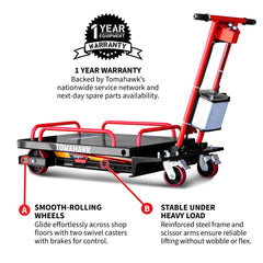 Tomahawk Electric Hydraulic Lift Table – 600 lb, 59 in. Extension Portable Powered Scissor Lift Cart for Warehouses, Shops & Material Handling