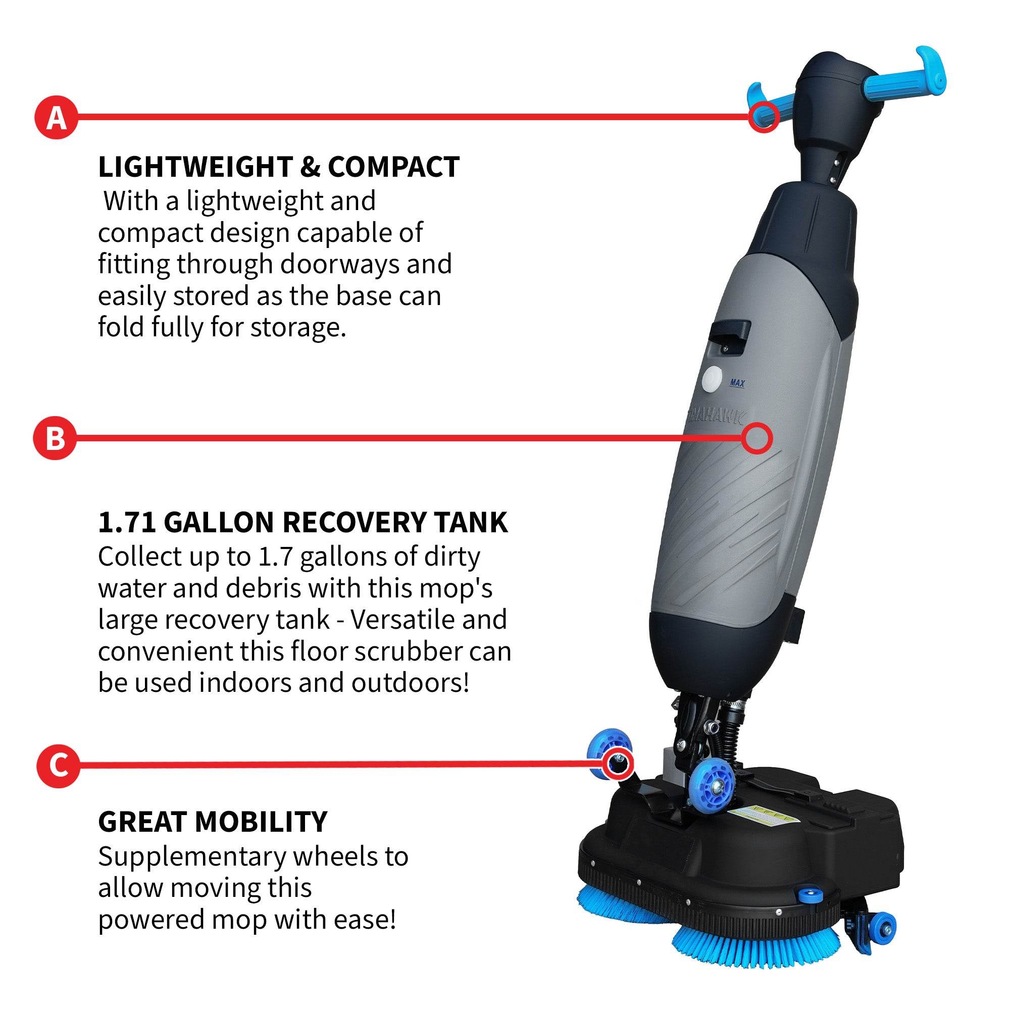 Tomahawk Electric Floor Scrubber Cleaner with 18” Power Mop Brushes Cordless 36V Battery Powered - Machine Horizon Tomahawk Electric Floor Scrubber Cleaner with 18” Power Mop Brushes Cordless 36V Battery Powered - Machine Horizon