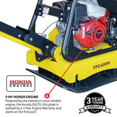 Tomahawk 9HP Reverse Plate Compactor Honda GX270 Electric Start 11,690 lbs/ft² for Granular Cohesive Soil Compaction - Machine Horizon