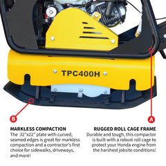 Tomahawk 9HP Reverse Plate Compactor Honda GX270 Electric Start 11,690 lbs/ft² for Granular Cohesive Soil Compaction - Machine Horizon