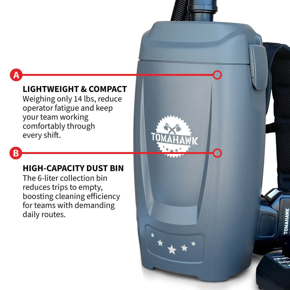 Tomahawk 18V Battery Powered Backpack Vacuum 6L for Janitorial Cleaning – Lightweight Cordless Commercial Vacuum with Quiet Operation - Machine Horizon