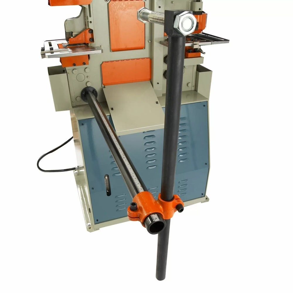 Mechanical press with orange and gray components on a white background