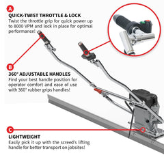 Tomahawk Battery Powered Vibrating Concrete Power Screed 36V/5Ah Float Finishing Tool (Choose 4ft, 6ft, 8ft, 10ft, 12ft, 14ft) - Machine Horizon