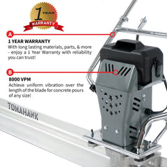 Tomahawk Battery Powered Vibrating Concrete Power Screed 36V/5Ah Float Finishing Tool (Choose 4ft, 6ft, 8ft, 10ft, 12ft, 14ft) - Machine Horizon