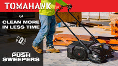 Tomahawk 30" Battery Powered Push Sweeper with Triple Power Brooms Electric Drive and Dust Suppression Sprayer - Machine Horizon