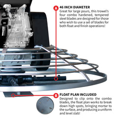 Tomahawk 46" Concrete Power Trowel 14HP Kohler Float Pan Screed Edge Cement Finishing Tool - Machine Horizon