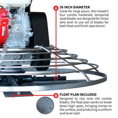Tomahawk 36" Concrete Power Trowel 5.5HP Honda with Float Pan Cement Finishing Tool - Machine Horizon