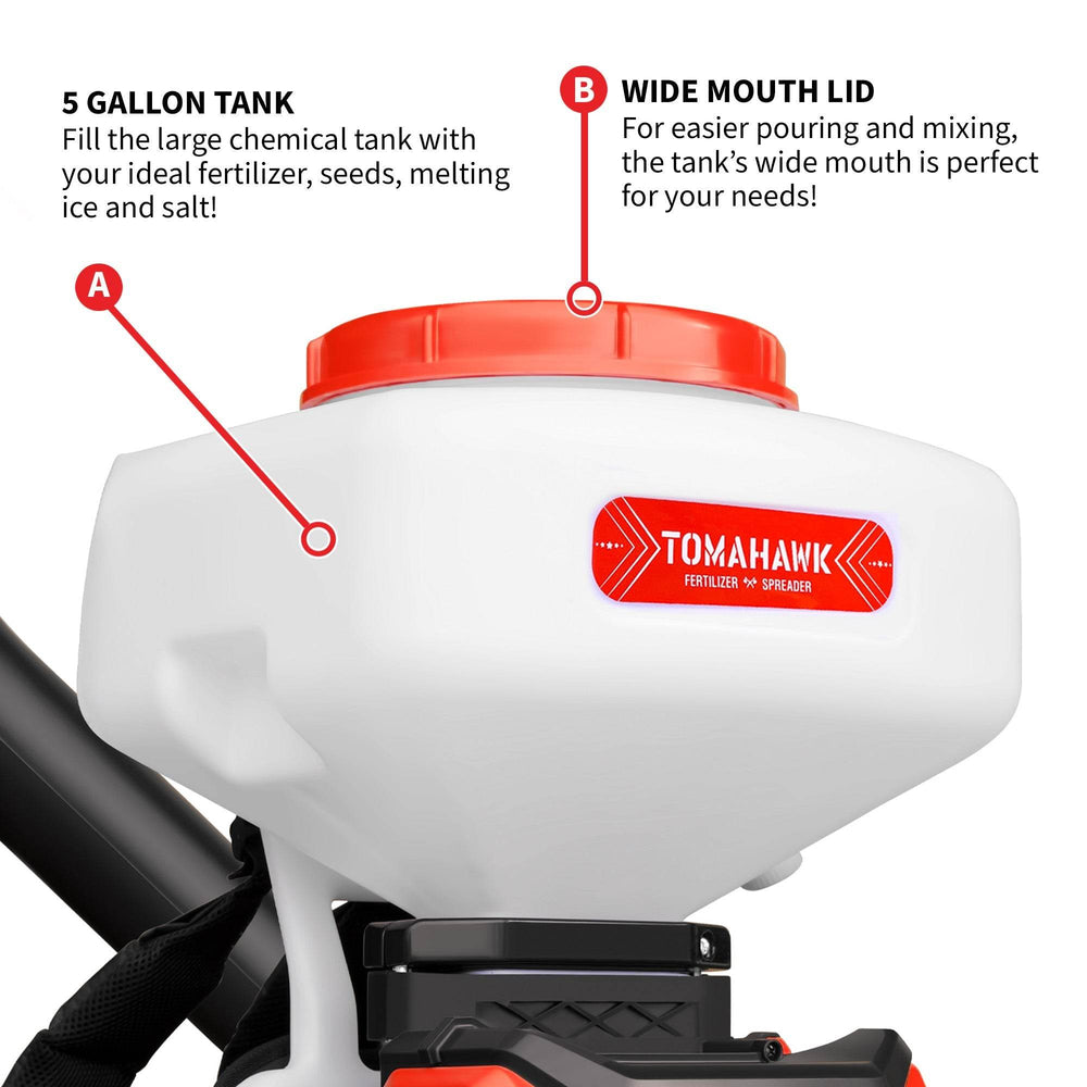 Tomahawk 5 Gal Battery-Powered Fertilizer Spreader Broadcast Lawn Seed Ice Melt Salt - Machine Horizon