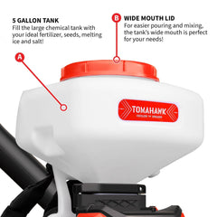 Tomahawk 5 Gal Battery-Powered Fertilizer Spreader Broadcast Lawn Seed Ice Melt Salt - Machine Horizon