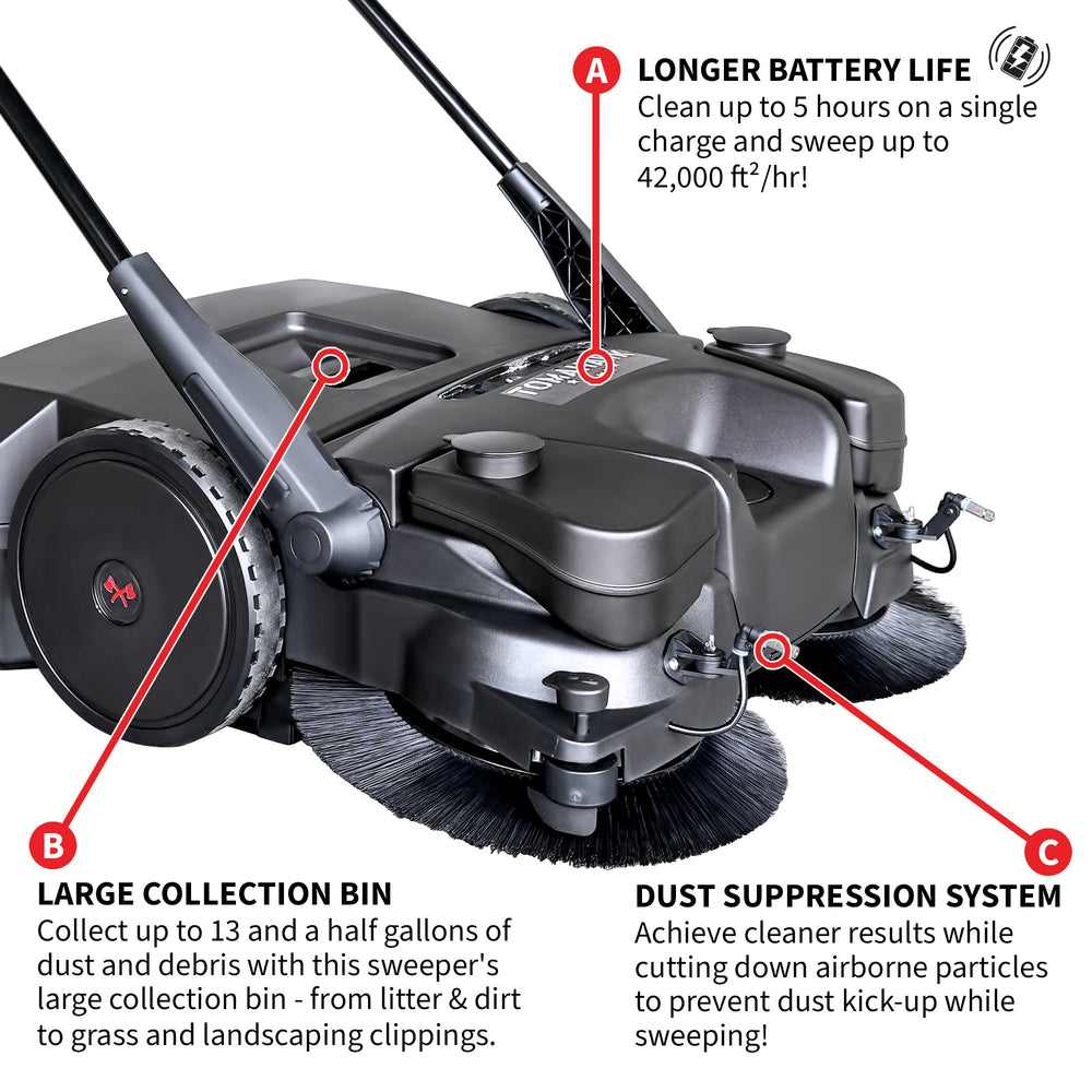 Tomahawk 30" Battery Powered Push Sweeper with Triple Power Brooms Electric Drive and Dust Suppression Sprayer - Machine Horizon