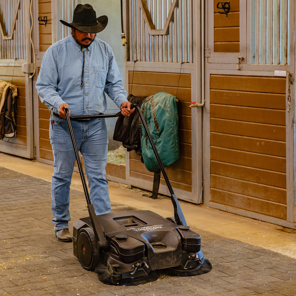 Tomahawk 30" Battery Powered Push Sweeper with Triple Power Brooms Electric Drive and Dust Suppression Sprayer - Machine Horizon