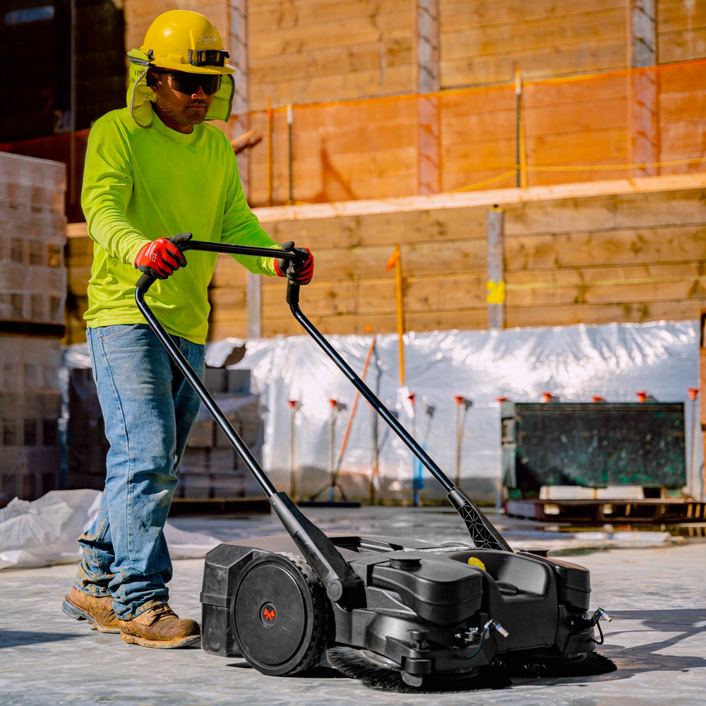Tomahawk 30" Battery Powered Push Sweeper with Triple Power Brooms Electric Drive and Dust Suppression Sprayer - Machine Horizon