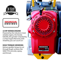Tomahawk 10" Honda Concrete Floor Grinder 10HP GXV390 Motor for Smoothing, Floor Prep, Coatings