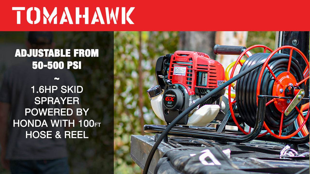 Tomahawk 1.6HP Skid Sprayer Barrel Mount Only with Honda GX35 100ft Hose and 500 PSI Pump for Pest Control - Machine Horizon