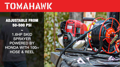 Tomahawk 1.6HP Skid Sprayer Barrel Mount Only with Honda GX35 100ft Hose and 500 PSI Pump for Pest Control - Machine Horizon