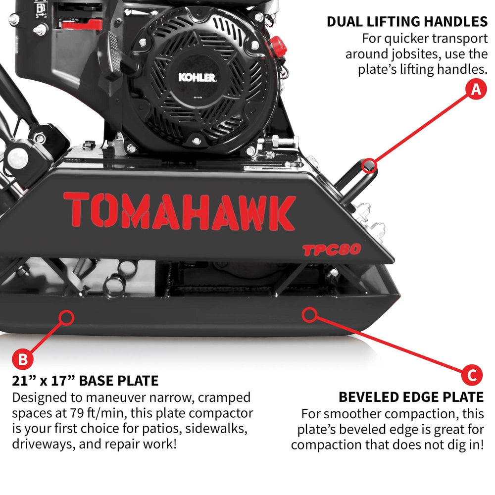 Tomahawk Vibratory Plate Compactor Tamper with Kohler Engine for Dirt Gravel Soil Compaction - Machine Horizon